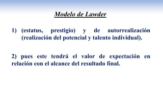 Modelo de Lawder
1) (estatus, prestigio) y de autorrealización
(realización del potencial y talento individual).
2) pues este tendrá el valor de expectación en
relación con el alcance del resultado final.
 