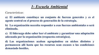 1- Escuela Ambiental
Características:
a) El ambiente constituye un conjunto de fuerzas generales y es el
agente central en el proceso de generación de la estrategia.
b) La organización necesita responder a esas fuerzas ambientales o será
eliminada.
c) El liderazgo debe saber leer el ambiente y garantizar una adaptación
adecuada por la organización (respuesta estratégica).
d) Las organizaciones acaban agrupándose en nichos distintos y
permanecen allí hasta que los recursos sean escasos o las condiciones
demasiado hostiles.
 