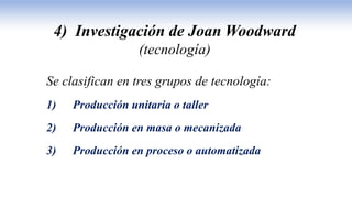 4) Investigación de Joan Woodward
(tecnología)
Se clasifican en tres grupos de tecnología:
1) Producción unitaria o taller
2) Producción en masa o mecanizada
3) Producción en proceso o automatizada
 