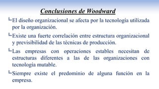 Conclusiones de Woodward
╚El diseño organizacional se afecta por la tecnología utilizada
por la organización.
╚Existe una fuerte correlación entre estructura organizacional
y previsibilidad de las técnicas de producción.
╚Las empresas con operaciones estables necesitan de
estructuras diferentes a las de las organizaciones con
tecnología mutable.
╚Siempre existe el predominio de alguna función en la
empresa.
 