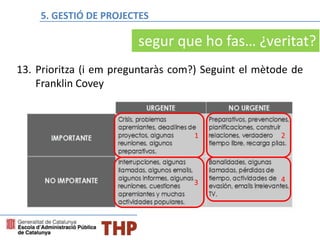 13. Prioritza (i em preguntaràs com?) Seguint el mètode de
Franklin Covey
1 2
3 4
segur que ho fas… ¿veritat?
5. GESTIÓ DE PROJECTES
 