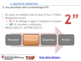 5. Una pinzellada sobre la metodologia GTD
• És quan es treballa amb el que hi ha a l’inbox
• Requereix acció?
• SÍ  Es delega a algú o s’assigna a carpeta
• NO  Arxivem o eliminem
• REGLA DELS 2’ (ESTRICTES!!!!)
Recopilar Processar Organitzar Revisar
Font: Berto Romero
5. GESTIÓ DE PROJECTES
 