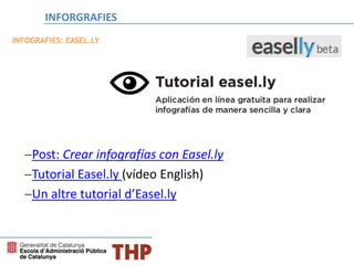 Post: Crear infografías con Easel.ly
Tutorial Easel.ly (vídeo English)
Un altre tutorial d’Easel.ly
INFOGRAFIES: EASEL.LY
INFORGRAFIES
 