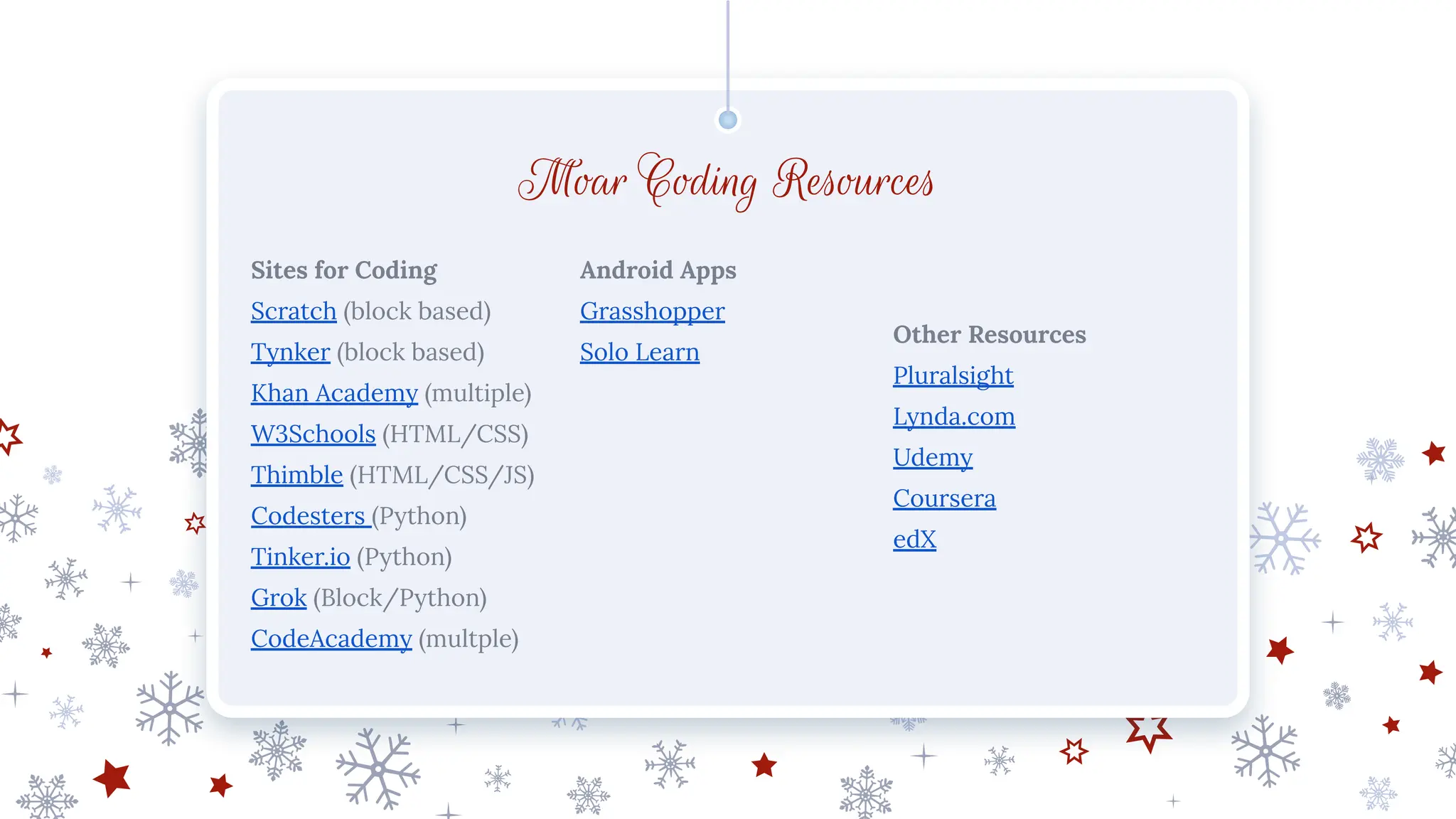 Moar Coding Resources
Sites for Coding
Scratch (block based)
Tynker (block based)
Khan Academy (multiple)
W3Schools (HTML/CSS)
Thimble (HTML/CSS/JS)
Codesters (Python)
Tinker.io (Python)
Grok (Block/Python)
CodeAcademy (multple)
Android Apps
Grasshopper
Solo Learn
Other Resources
Pluralsight
Lynda.com
Udemy
Coursera
edX
 