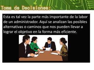 Esta es tal vez la parte más importante de la labor
de un administrador. Aquí se analizan las posibles
alternativas o caminos que nos pueden llevar a
lograr el objetivo en la forma más eficiente.
 