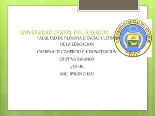 UNIVERSIDAD CENTRL DEL ECUADOR
FACULTAD DE FILOSOFIA CIENCIAS Y LETRAS
DE LA EDUCACION
CARRERA DE COMERCIO Y ADMINISTRACION
CRISTINA SARANGO
5 TO «B»
MSC. BYRON CHASI
 