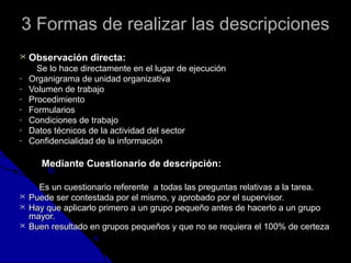 d 3 Formas dee rreeaalliizzaarr llaass ddeessccrriippcciioonneess 
 OObbsseerrvvaacciióónn ddiirreeccttaa:: 
SSee lloo hhaaccee ddiirreeccttaammeennttee eenn eell lluuggaarr ddee eejjeeccuucciióónn 
- OOrrggaanniiggrraammaa ddee uunniiddaadd oorrggaanniizzaattiivvaa 
- VVoolluummeenn ddee ttrraabbaajjoo 
- PPrroocceeddiimmiieennttoo 
- FFoorrmmuullaarriiooss 
- CCoonnddiicciioonneess ddee ttrraabbaajjoo 
- DDaattooss ttééccnniiccooss ddee llaa aaccttiivviiddaadd ddeell sseeccttoorr 
- CCoonnffiiddeenncciiaalliiddaadd ddee llaa iinnffoorrmmaacciióónn 
MMeeddiiaannttee CCuueessttiioonnaarriioo ddee ddeessccrriippcciióónn:: 
EEss uunn ccuueessttiioonnaarriioo rreeffeerreennttee aa ttooddaass llaass pprreegguunnttaass rreellaattiivvaass aa llaa ttaarreeaa.. 
 PPuueeddee sseerr ccoonntteessttaaddaa ppoorr eell mmiissmmoo,, yy aapprroobbaaddoo ppoorr eell ssuuppeerrvviissoorr.. 
 HHaayy qquuee aapplliiccaarrlloo pprriimmeerroo aa uunn ggrruuppoo ppeeqquueeññoo aanntteess ddee hhaacceerrlloo aa uunn ggrruuppoo 
mmaayyoorr.. 
 BBuueenn rreessuullttaaddoo eenn ggrruuppooss ppeeqquueeññooss yy qquuee nnoo ssee rreeqquuiieerraa eell 110000%% ddee cceerrtteezzaa 
 