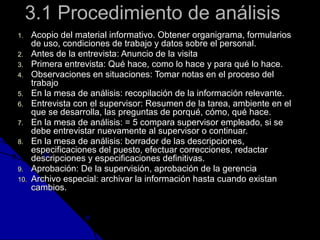 33..11 PPrroocceeddiimmiieennttoo ddee aannáálliissiiss 
11.. AAccooppiioo ddeell mmaatteerriiaall iinnffoorrmmaattiivvoo.. OObbtteenneerr oorrggaanniiggrraammaa,, ffoorrmmuullaarriiooss 
ddee uussoo,, ccoonnddiicciioonneess ddee ttrraabbaajjoo yy ddaattooss ssoobbrree eell ppeerrssoonnaall.. 
22.. AAnntteess ddee llaa eennttrreevviissttaa:: AAnnuunncciioo ddee llaa vviissiittaa 
33.. PPrriimmeerraa eennttrreevviissttaa:: QQuuéé hhaaccee,, ccoommoo lloo hhaaccee yy ppaarraa qquuéé lloo hhaaccee.. 
44.. OObbsseerrvvaacciioonneess eenn ssiittuuaacciioonneess:: TToommaarr nnoottaass eenn eell pprroocceessoo ddeell 
ttrraabbaajjoo 
55.. EEnn llaa mmeessaa ddee aannáálliissiiss:: rreeccooppiillaacciióónn ddee llaa iinnffoorrmmaacciióónn rreelleevvaannttee.. 
66.. EEnnttrreevviissttaa ccoonn eell ssuuppeerrvviissoorr:: RReessuummeenn ddee llaa ttaarreeaa,, aammbbiieennttee eenn eell 
qquuee ssee ddeessaarrrroollllaa,, llaass pprreegguunnttaass ddee ppoorrqquuéé,, ccóómmoo,, qquuéé hhaaccee.. 
77.. EEnn llaa mmeessaa ddee aannáálliissiiss:: == 55 ccoommppaarraa ssuuppeerrvviissoorr eemmpplleeaaddoo,, ssii ssee 
ddeebbee eennttrreevviissttaarr nnuueevvaammeennttee aall ssuuppeerrvviissoorr oo ccoonnttiinnuuaarr.. 
88.. EEnn llaa mmeessaa ddee aannáálliissiiss:: bboorrrraaddoorr ddee llaass ddeessccrriippcciioonneess,, 
eessppeecciiffiiccaacciioonneess ddeell ppuueessttoo,, eeffeeccttuuaarr ccoorrrreecccciioonneess,, rreeddaaccttaarr 
ddeessccrriippcciioonneess yy eessppeecciiffiiccaacciioonneess ddeeffiinniittiivvaass.. 
99.. AApprroobbaacciióónn:: DDee llaa ssuuppeerrvviissiióónn,, aapprroobbaacciióónn ddee llaa ggeerreenncciiaa 
110.. AArrcchhiivvoo eessppeecciiaall:: aarrcchhiivvaarr llaa iinnffoorrmmaacciióónn hhaassttaa ccuuaannddoo eexxiissttaann 
ccaammbbiiooss.. 
 