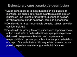 Estructura yy ccuueessttiioonnaarriioo ddee ddeessccrriippcciióónn 
DDaattooss ggeenneerraalleess:: eess llaa iinnddiivviidduuaalliizzaacciióónn ddeell ppuueessttoo,, lloo 
iiddeennttiiffiiccaa.. SSee ppuueeddee ddeetteerrmmiinnaarr ccuuaannttooss ppuueessttooss eexxiisstteenn 
iigguuaalleess eenn uunnaa uunniiddaadd oorrggaanniizzaattiivvaa,, qquuiiéénneess lloo ooccuuppaann,, 
nniivveell jjeerráárrqquuiiccoo,, ddóónnddee ssee hhaallllaann,, ccóómmoo ssee ddeennoommiinnaann.. 
DDeettaalllleess ddee llaa ttaarreeaa:: iimmppoorrttaanncciiaa ddee eessttee,, rruuttiinnaass,, ssuu vvaalloorr 
ccoonnffiiddeenncciiaall,, eettcc.. 
DDeettaalllleess ddee llaa ttaarreeaa yy ffaaccttoorreess eessppeecciiaalleess:: aassppeeccttooss ccoommoo 
eell ttiippoo oo nnaattuurraalleezzaa ddee llaass ddeecciissiioonneess qquuee ppoorr eell eejjeerrcciicciioo 
ddeell ppuueessttoo ssee ggeenneerraann,, ttaammbbiiéénn ccoonn rreessppeeccttoo aa llaa 
rreessppoonnssaabbiilliiddaadd,, yyaa sseeaa ppoorr ssuubboorrddiinnaaddooss,, ppoorr mmaatteerriiaalleess 
oo eeqquuiippoo.. GGrraaddoo ddee iinnssttrruucccciióónn rreeqquueerriiddoo ppaarraa eejjeerrcceerr uunn 
ppuueessttoo,, eexxppeerriieenncciiaa mmíínniimmaa,, ggrraaddoo ddee iinniicciiaattiivvaa,, eettcc.. 
 
