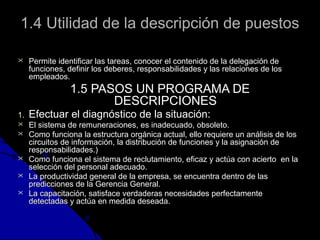 11..44 UUttiilliiddaadd ddee llaa ddeessccrriippcciióónn ddee ppuueessttooss 
 PPeerrmmiittee iiddeennttiiffiiccaarr llaass ttaarreeaass,, ccoonnoocceerr eell ccoonntteenniiddoo ddee llaa ddeelleeggaacciióónn ddee 
ffuunncciioonneess,, ddeeffiinniirr llooss ddeebbeerreess,, rreessppoonnssaabbiilliiddaaddeess yy llaass rreellaacciioonneess ddee llooss 
eemmpplleeaaddooss.. 
11..55 PPAASSOOSS UUNN PPRROOGGRRAAMMAA DDEE 
DDEESSCCRRIIPPCCIIOONNEESS 
11.. EEffeeccttuuaarr eell ddiiaaggnnóóssttiiccoo ddee llaa ssiittuuaacciióónn:: 
 EEll ssiisstteemmaa ddee rreemmuunneerraacciioonneess,, eess iinnaaddeeccuuaaddoo,, oobbssoolleettoo.. 
 CCoommoo ffuunncciioonnaa llaa eessttrruuccttuurraa oorrggáánniiccaa aaccttuuaall,, eelllloo rreeqquuiieerree uunn aannáálliissiiss ddee llooss 
cciirrccuuiittooss ddee iinnffoorrmmaacciióónn,, llaa ddiissttrriibbuucciióónn ddee ffuunncciioonneess yy llaa aassiiggnnaacciióónn ddee 
rreessppoonnssaabbiilliiddaaddeess..)) 
 CCoommoo ffuunncciioonnaa eell ssiisstteemmaa ddee rreecclluuttaammiieennttoo,, eeffiiccaazz yy aaccttúúaa ccoonn aacciieerrttoo eenn llaa 
sseelleecccciióónn ddeell ppeerrssoonnaall aaddeeccuuaaddoo.. 
 LLaa pprroodduuccttiivviiddaadd ggeenneerraall ddee llaa eemmpprreessaa,, ssee eennccuueennttrraa ddeennttrroo ddee llaass 
pprreeddiicccciioonneess ddee llaa GGeerreenncciiaa GGeenneerraall.. 
 LLaa ccaappaacciittaacciióónn,, ssaattiissffaaccee vveerrddaaddeerraass nneecceessiiddaaddeess ppeerrffeeccttaammeennttee 
ddeetteeccttaaddaass yy aaccttúúaa eenn mmeeddiiddaa ddeesseeaaddaa.. 
 