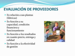 EVALUACIÓN DE PROVEEDORES
 En relación a sus plantas
(fábricas)
 En función a su
capacidad, condición
financiera y
funcionamiento
 En función a los resultados
en cuanto precio, entrega y
calidad
 En función a la efectividad
de gestión
 