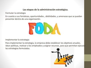 Las etapas de la administración estratégica. 
Formular la estrategia 
En cuanto a sus fortalezas, oportunidades , debilidades, y amenazas que se puedan 
presentar dentro de una organización. 
Implementar la estrategia 
Para implementar la estrategia, la empresa debe establecer los objetivos anuales, 
idear políticas, motivar a los empleados y asignar recursos, para que permitan ejecutar 
las estrategias formuladas. 
 