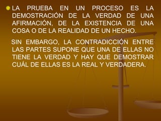 LA PRUEBA EN UN PROCESO ES LA DEMOSTRACIÓN DE LA VERDAD DE UNA AFIRMACIÓN, DE LA EXISTENCIA DE UNA COSA O DE LA REALIDAD DE UN HECHO.    SIN EMBARGO, LA CONTRADICCIÓN ENTRE LAS PARTES SUPONE QUE UNA DE ELLAS NO TIENE LA VERDAD Y HAY QUE DEMOSTRAR CUÁL DE ELLAS ES LA REAL Y VERDADERA. 