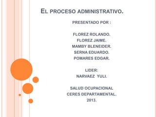 EL PROCESO ADMINISTRATIVO.
PRESENTADO POR :
FLOREZ ROLANDO.
FLOREZ JAIME.
MAMBY BLENEIDER.
SERNA EDUARDO.
POMARES EDGAR.
LIDER:
NARVAEZ YULI.
SALUD OCUPACIONAL
CERES DEPARTAMENTAL.
2013.
 