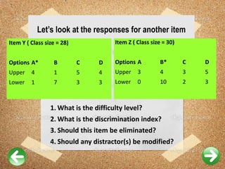 Let’s look at the responses for another item
Item Y ( Class size = 28)
Options A* B C D
Upper 4 1 5 4
Lower 1 7 3 3
Item Z ( Class size = 30)
Options A B* C D
Upper 3 4 3 5
Lower 0 10 2 3
1. What is the difficulty level?
2. What is the discrimination index?
3. Should this item be eliminated?
4. Should any distractor(s) be modified?
 