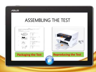 ASSEMBLING THE TEST
Packaging the Test Reproducing the Test
 