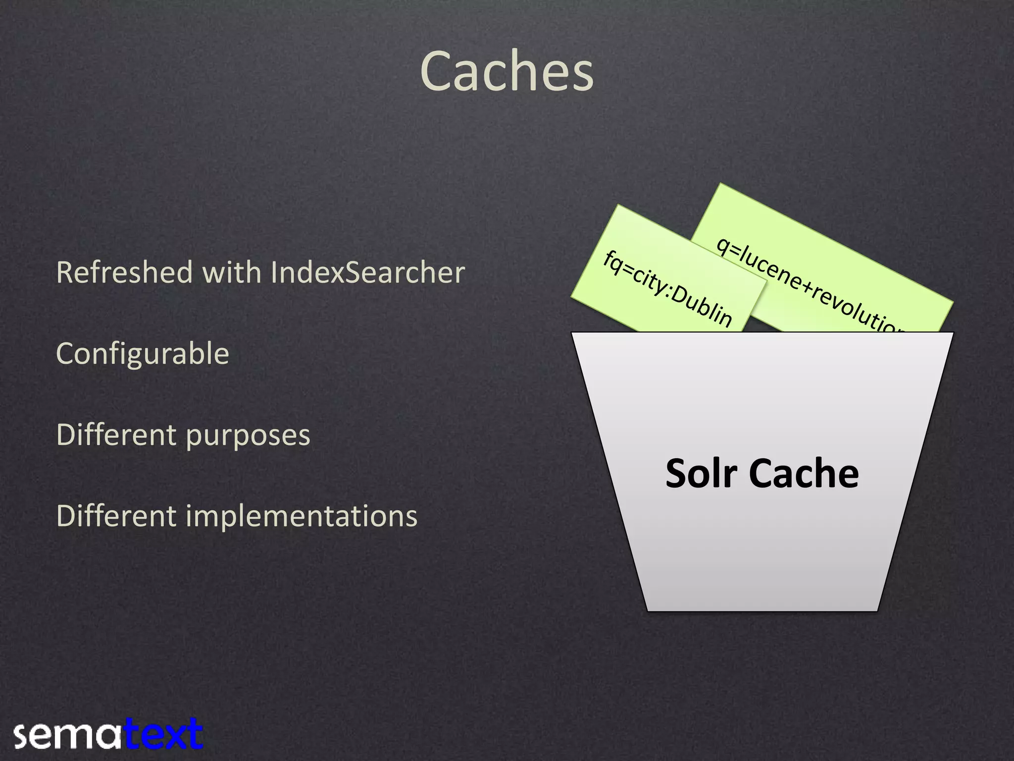 Caches
Refreshed with IndexSearcher
Configurable
Different purposes

Different implementations

Solr Cache

 