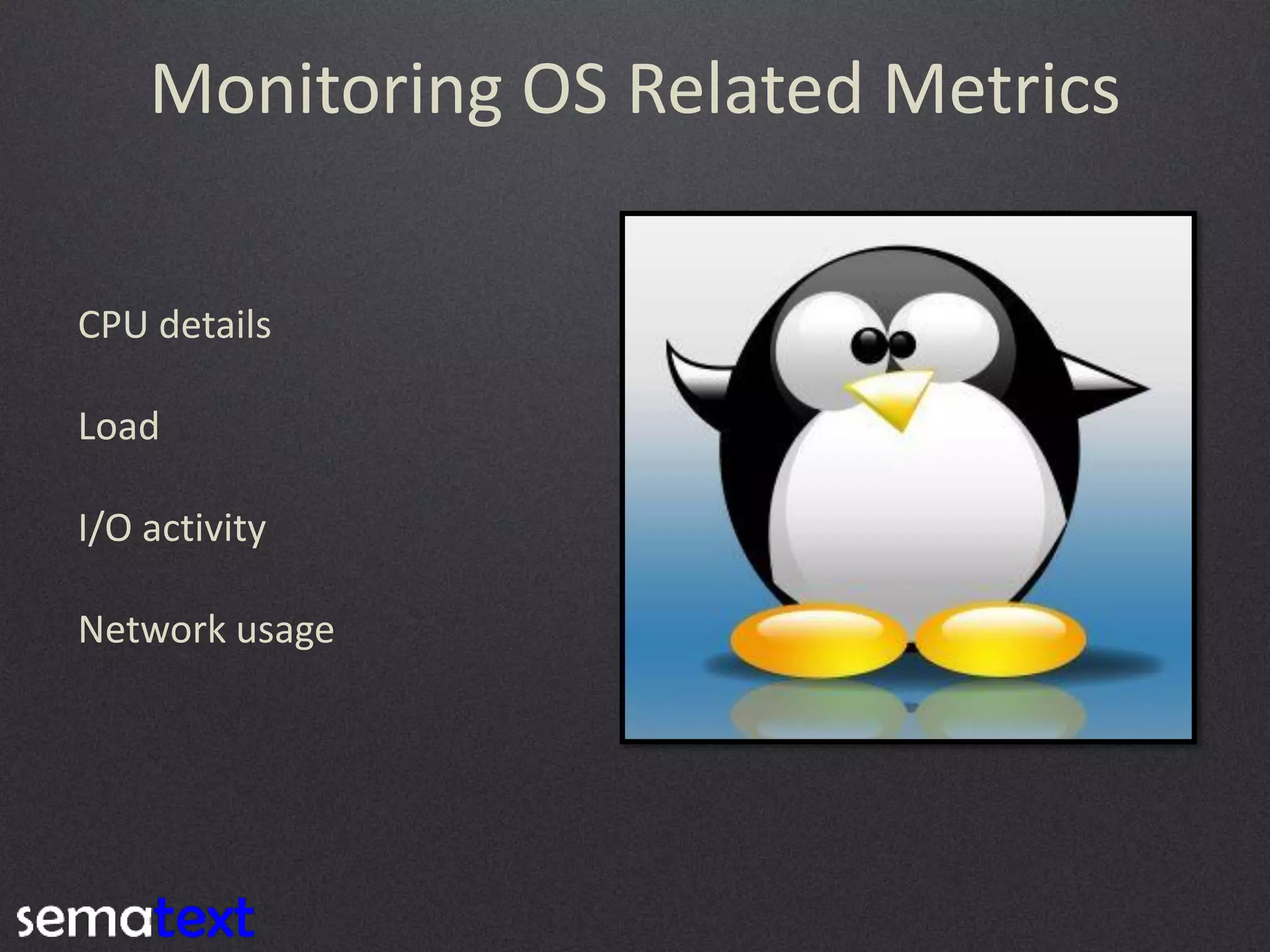 Monitoring OS Related Metrics
CPU details
Load
I/O activity
Network usage

 