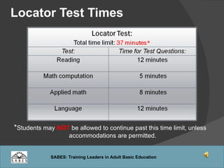 Locator Test Times * Students may  NOT  be allowed to continue past this time limit, unless accommodations are permitted.  