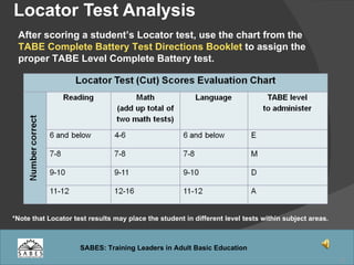 Locator Test Analysis After scoring a student’s Locator test, use the chart from the  TABE Complete Battery Test Directions Booklet  to assign the proper TABE Level Complete Battery test. *Note that Locator test results may place the student in different level tests within subject areas. 