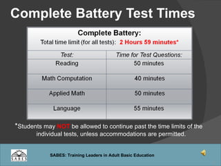 Complete Battery Test Times * Students may  NOT  be allowed to continue past the time limits of the individual tests, unless accommodations are permitted.  