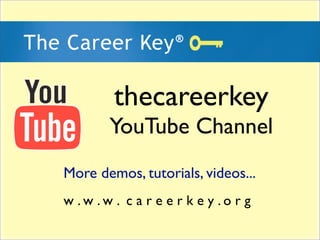 thecareerkey
        YouTube Channel
More demos, tutorials, videos...
w .w .w . c a r e e r k e y .o r g
 