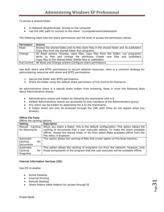 Administering Windows XP Professional
To access a shared folder:

         In Network Neighborhood, browse to the computer
         Use the UNC path to connect to the share: computernamesharename

The following table lists the share permissions and the level of access the permission allows.

Permission     Actions
Read           Browse the shared folder and its files Open files in the shared folder and its subfolders
               Copy files from the shared folder Run programs
Change         All Read actions (browse, open files, copy files from the folder, run programs)
               Write to files and change file attributes Create new files and subfolders
               Copy files to the shared folder Delete files or subfolders
Full Control   All Read and Change actions Configure share permissions

Use both share and NTFS permissions to secure network resources. Here is a common strategy for
administering resources with share and NTFS permissions:

    1. Secure the folder with NTFS permissions.
    2. Share the folder using the default share permission of Full Control for Everyone.

An administrative share is a special share hidden from browsing. Keep in mind the following facts
about Administrative shares.

         Administrative shares are hidden by following the sharename with a $.
         Default Administrative shares are accessible to only members of the Administrators group.
         Any share can be hidden by appending the $ to the sharename.
         A hidden share can only be accessed through the UNC path (they do not appear when you
         browse).

Offline File Facts
Offline file caching   options:
Setting                 Description
Manual Caching          When you share a folder, this is the default configuration. This option allows the
for Documents           caching of documents that a user manually selects. To make the share available
                        offline, choose the shared folder or file then select Make available offline from the
                        File menu in Explorer.
Automatic               This option allows the caching of files that a user opens on the local machine.
Caching         for
Documents
Automatic              This option allows the caching of programs run from the network; however, only
Caching         for    those components of the program that the user executes will be available offline.
Programs


Internet Information Services (IIS)

Use IIS to enable:

         Active Desktop
         Internet Printing
                                                                                                                31



         Remote Desktop
         Share folders (Web folders) for access through IE
                                                                                                                Page




Piratez Book
 