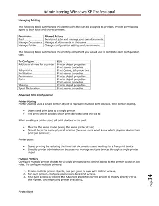 Administering Windows XP Professional
Managing Printing

The following table summarizes the permissions that can be assigned to printers. Printer permissions
apply to both local and shared printers.

Permission             Allowed Actions
Print                  Send print jobs and manage your own documents
Manage Documents       Manage all documents in the queue
Manage Printer         Change configuration settings and permissions

The following table summarizes the printing component you would use to complete each configuration
task.

To Configure . . .                 Edit . . .
Additional drivers for a printer   Printer object properties
                                   Print server properties
Job priority                       Print Queue, job properties
Notification                       Print server properties
Permissions                        Printer object properties
Ports                              Printer object properties
                                   Print server properties
Sharing                            Printer object properties
Spool file location                Print server properties

Advanced Print Configuration

Printer Pooling
Printer pooling uses a single printer object to represent multiple print devices. With printer pooling,

        Users send print jobs to a single printer
        The print server decides which print device to send the job to

When creating a printer pool, all print devices in the pool:

        Must be the same model (using the same printer driver)
        Should be in the same physical location (because users won't know which physical device their
        print job prints on)

Printer pools:

        Speed printing by reducing the time that documents spend waiting for a free print device
        Simplify printer administration because you manage multiple devices through a single printer
        object

Multiple Printers
Configure multiple printer objects for a single print device to control access to the printer based on job
roles. To configure multiple printers:

    1. Create multiple printer objects, one per group or user with distinct access.
    2. For each printer, configure permissions to restrict access.
                                                                                                             34



    3. Fine-tune access by editing the Advanced properties for the printer to modify priority (99 is
       the highest) and restricting printer availability.
                                                                                                             Page




Piratez Book
 