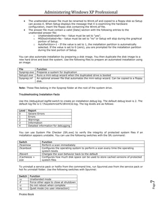 Administering Windows XP Professional
         The unattended answer file must be renamed to Winnt.sif and copied to a floppy disk so Setup
         can access it. When Setup displays the message that it is examining the hardware
         configuration, insert the floppy disk containing the Winnt.sif file.
         The answer file must contain a valid [Data] section with the following entries to the
         unattended answer file:
             o UnattendedInstall=Yes - Value must be set to "yes".
             o MSDosInitiated=No - Value must be set to "no" or Setup will stop during the graphical
                 portion of Setup.
             o AutoPartition=1 - If the value is set to 1, the installation partition is automatically
                 selected. If the value is set to 0 (zero), you are prompted for the installation partition
                 during the text portion of Setup.

You can also automate installation by preparing a disk image. You then duplicate the disk image to a
new hard drive and boot the system. Use the following files to prepare an automated installation using
an image:

File            Function
Sysprep.exe     Prepares a system for duplication
Setupcl.exe     Runs a mini-setup wizard when the duplicated drive is booted
Sysprep.inf     An optional answer file that automates the mini-setup wizard. Can be copied to a floppy
                disk.

Note: These files belong in the Sysprep folder at the root of the system drive.

Troubleshooting Installation Facts

Use the /debuglevel:logfile switch to create an installation debug log. The default debug level is 2. The
default log file is C:%systemroot%Winnt32.log. The log levels are as follows:

Level    Report
0        Severe Errors
1        Errors
2        Warnings
3        Information
4        Detailed information for debugging

You can use System File Checker (Sfc.exe) to verify the integrity of protected system files if an
installation appears unstable. You can use the following switches with the Sfc command:

Switch              Function
/Scannow            Perform a scan immediately
/Scanboot           Configures the operating system to perform a scan every time the operating
                    system boots
/Revert             Changes the scan behavior back to the default
/Cachesize =        Configures how much disk space can be used to store cached versions of protected
size                system files

To uninstall a service pack or hotfix from the command line, run Spuninst.exe from the service pack or
hot fix uninstall folder. Use the following switches with Spuninst:

Switch    Function
-u        Unattended mode
                                                                                                              7




-f        Force other apps to close at shutdown
                                                                                                              Page




-z        Do not reboot when complete
-q        Quiet mode (no user interaction)

Piratez Book
 