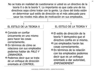 EL ESTILO DE LA TEORIA X Consiste en confiar únicamente en uno mismo para hacer las cosas correctamente.  En términos de cómo se relaciona con sus empleados podemos hablar de  PALO Y ZANAHORIA. Podemos decir que se trata de un enfoque de dirección orientado al  CONTROL.   El estilo de dirección de la teoría Y demuestra que el directivo confía en sí mismo. Los empleados harán las cosas correctamente.  En términos de la relación con los empleados podemos decir que es un enfoque orientado a dar autoridad,   EMPOWERMENT   No se trata en realidad de cuestionarse si usted es un directivo de la teoría X o de la teoría Y. Lo importante es que cada uno de los directivos sepa cómo tratar con la gente. La clave del éxito están en determinar qué estilo de dirección es el más adecuado para sacar los niveles más altos de motivación en sus empleados.   EL ESTILO DE LA TEORIA Y 