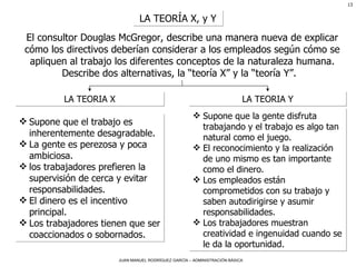 LA TEORÍA X, y Y El consultor Douglas McGregor, describe una manera nueva de explicar cómo los directivos deberían considerar a los empleados según cómo se apliquen al trabajo los diferentes conceptos de la naturaleza humana. Describe dos alternativas, la “teoría X” y la “teoría Y”.   LA TEORIA X LA TEORIA Y Supone que el trabajo es inherentemente desagradable. La gente es perezosa y poca ambiciosa.  los trabajadores prefieren la supervisión de cerca y evitar responsabilidades.  El dinero es el incentivo principal. Los trabajadores tienen que ser coaccionados o sobornados.    Supone que la gente disfruta trabajando y el trabajo es algo tan natural como el juego.  El reconocimiento y la realización de uno mismo es tan importante como el dinero.  Los empleados están comprometidos con su trabajo y saben autodirigirse y asumir responsabilidades.  Los trabajadores muestran creatividad e ingenuidad cuando se le da la oportunidad.  