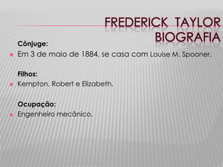 FREDERICK TAYLOR
    Cônjuge:
                                    BIOGRAFIA
   Em 3 de maio de 1884, se casa com Louise M. Spooner.

    Filhos:
   Kempton, Robert e Elizabeth.


    Ocupação:
   Engenheiro mecânico.
 