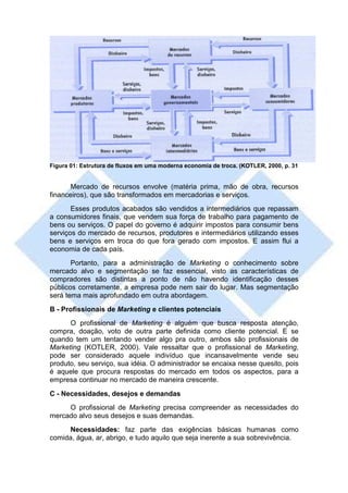 Figura 01: Estrutura de fluxos em uma moderna economia de troca. (KOTLER, 2000, p. 31


       Mercado de recursos envolve (matéria prima, mão de obra, recursos
financeiros), que são transformados em mercadorias e serviços.
       Esses produtos acabados são vendidos a intermediários que repassam
a consumidores finais, que vendem sua força de trabalho para pagamento de
bens ou serviços. O papel do governo é adquirir impostos para consumir bens
serviços do mercado de recursos, produtores e intermediários utilizando esses
bens e serviços em troca do que fora gerado com impostos. E assim flui a
economia de cada país.
       Portanto, para a administração de Marketing o conhecimento sobre
mercado alvo e segmentação se faz essencial, visto as características de
compradores são distintas a ponto de não havendo identificação desses
públicos corretamente, a empresa pode nem sair do lugar. Mas segmentação
será tema mais aprofundado em outra abordagem.
B - Profissionais de Marketing e clientes potenciais
      O profissional de Marketing é alguém que busca resposta atenção,
compra, doação, voto de outra parte definida como cliente potencial. E se
quando tem um tentando vender algo pra outro, ambos são profissionais de
Marketing (KOTLER, 2000). Vale ressaltar que o profissional de Marketing,
pode ser considerado aquele indivíduo que incansavelmente vende seu
produto, seu serviço, sua idéia. O administrador se encaixa nesse quesito, pois
é aquele que procura respostas do mercado em todos os aspectos, para a
empresa continuar no mercado de maneira crescente.
C - Necessidades, desejos e demandas
     O profissional de Marketing precisa compreender as necessidades do
mercado alvo seus desejos e suas demandas.
     Necessidades: faz parte das exigências básicas humanas como
comida, água, ar, abrigo, e tudo aquilo que seja inerente a sua sobrevivência.
 