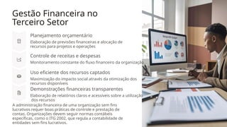 Gestão Financeira no
Terceiro Setor
Planejamento orçamentário
Elaboração de previsões financeiras e alocação de
recursos para projetos e operações
Controle de receitas e despesas
Monitoramento constante do fluxo financeiro da organização
Uso eficiente dos recursos captados
Maximização do impacto social através da otimização dos
recursos disponíveis
Demonstrações financeiras transparentes
Elaboração de relatórios claros e acessíveis sobre a utilização
dos recursos
A administração financeira de uma organização sem fins
lucrativos requer boas práticas de controle e prestação de
contas. Organizações devem seguir normas contábeis
específicas, como o ITG 2002, que regula a contabilidade de
entidades sem fins lucrativos.
 