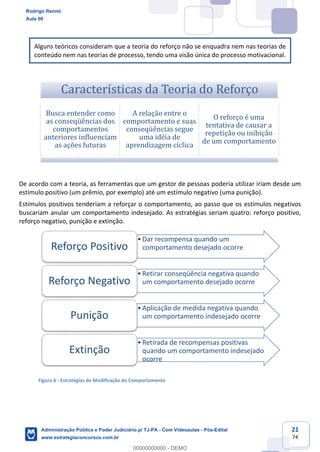21
74
Alguns teóricos consideram que a teoria do reforço não se enquadra nem nas teorias de
conteúdo nem nas teorias de processo, tendo uma visão única do processo motivacional.
De acordo com a teoria, as ferramentas que um gestor de pessoas poderia utilizar iriam desde um
estímulo positivo (um prêmio, por exemplo) até um estímulo negativo (uma punição).
Estímulos positivos tenderiam a reforçar o comportamento, ao passo que os estímulos negativos
buscariam anular um comportamento indesejado. As estratégias seriam quatro: reforço positivo,
reforço negativo, punição e extinção.
Figura 6 - Estratégias de Modificação do Comportamento
Características da Teoria do Reforço
Busca entender como
as conseqüências dos
comportamentos
anteriores influenciam
as ações futuras
A relação entre o
comportamento e suas
conseqüências segue
uma idéia de
aprendizagem cíclica
O reforço é uma
tentativa de causar a
repetição ou inibição
de um comportamento
•Dar recompensa quando um
comportamento desejado ocorreReforço Positivo
•Retirar conseqüência negativa quando
um comportamento desejado ocorreReforço Negativo
•Aplicação de medida negativa quando
um comportamento indesejado ocorrePunição
•Retirada de recompensas positivas
quando um comportamento indesejado
ocorre
Extinção
Rodrigo Rennó
Aula 00
Administração Pública e Poder Judiciário p/ TJ-PA - Com Videoaulas - Pós-Edital
www.estrategiaconcursos.com.br
0
00000000000 - DEMO
 