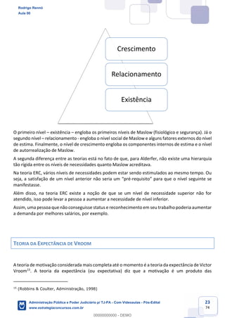 23
74
O primeiro nível – existência – engloba os primeiros níveis de Maslow (fisiológico e segurança). Já o
segundo nível – relacionamento - engloba o nível social de Maslow e alguns fatores externos do nível
de estima. Finalmente, o nível de crescimento engloba os componentes internos de estima e o nível
de autorrealização de Maslow.
A segunda diferença entre as teorias está no fato de que, para Alderfer, não existe uma hierarquia
tão rígida entre os níveis de necessidades quanto Maslow acreditava.
Na teoria ERC, vários níveis de necessidades podem estar sendo estimulados ao mesmo tempo. Ou
seja, a satisfação de um nível anterior não seria um “pré-requisito” para que o nível seguinte se
manifestasse.
Além disso, na teoria ERC existe a noção de que se um nível de necessidade superior não for
atendido, isso pode levar a pessoa a aumentar a necessidade de nível inferior.
Assim, uma pessoa que não conseguisse status e reconhecimento em seu trabalho poderia aumentar
a demanda por melhores salários, por exemplo.
TEORIA DA EXPECTÂNCIA DE VROOM
A teoria de motivação considerada mais completa até o momento é a teoria da expectância de Victor
Vroom15
. A teoria da expectância (ou expectativa) diz que a motivação é um produto das
15
(Robbins & Coulter, Administração, 1998)
Crescimento
Relacionamento
Existência
Rodrigo Rennó
Aula 00
Administração Pública e Poder Judiciário p/ TJ-PA - Com Videoaulas - Pós-Edital
www.estrategiaconcursos.com.br
0
00000000000 - DEMO
 