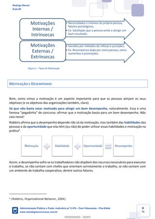 8
74
Figura 1 - Tipos de Motivação
MOTIVAÇÃO E DESEMPENHO
Bom, como vimos a motivação é um aspecto importante para que as pessoas atinjam os seus
objetivos (e os objetivos das organizações também, claro).
Só que não basta estar motivado para atingir um bom desempenho, naturalmente. Essa é uma
famosa “pegadinha” de concurso: afirmar que a motivação basta para um bom desempenho. Não
caia nessa!
Robbins afirma que o desempenho depende não só da motivação, mas também das habilidades das
pessoas e da oportunidade que elas têm (ou não) de poder utilizar essas habilidades e motivação na
prática4
.
Assim, o desempenho sofre se os trabalhadores não dispõem dos recursos necessários para executar
o trabalho, se não contam com chefes que orientam corretamente o trabalho, se não contam com
um ambiente de trabalho cooperativo, dentre outros fatores.
4
(Robbins, Organizational Behavior, 2004)
• Necessidades e motivos da própria pessoa,
fatores psicológicos;
• Ex: Satisfação que a pessoa sente a atingir um
bom resultado.
Motivações
Internas /
Intrínsecas
• Geradas por métodos de reforço e punições;
• Ex: Recompensa dada por outra pessoa, como
aumentos e promoções.
Motivações
Externas /
Extrínsecas
Motivação Habilidade Oportunidade Desempenho
Rodrigo Rennó
Aula 00
Administração Pública e Poder Judiciário p/ TJ-PA - Com Videoaulas - Pós-Edital
www.estrategiaconcursos.com.br
0
00000000000 - DEMO
 