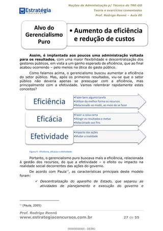 Noções de Administração p/ Técnico do TRE-GO 
Teoria e exercícios comentados 
Prof. Rodrigo Rennó – Aula 00 
ͻ Aumento da eficiência 
e redução de custos 
Alvo do 
Gerencialismo 
Puro 
Assim, é implantada aos poucos uma administração voltada 
para os resultados, com uma maior flexibilidade e descentralização dos 
gestores públicos, em vista a um ganho esperado de eficiência, que ao final 
acabou ocorrendo – pelo menos na ótica do gasto público. 
Como falamos acima, o gerencialismo buscou aumentar a eficiência 
do setor público. Mas, após os primeiros resultados, viu-se que o setor 
público não deveria apenas se preocupar com a eficiência, mas 
principalmente com a efetividade. Vamos relembrar rapidamente estes 
conceitos? 
ͻFazer bem alguma tarefa 
ͻUtilizar da melhor forma os recursos 
ͻRelacionado ao modo, ao meio de se fazer Eficiência 
ͻFazer a coisa certa 
ͻAtingir os resultados e metas 
ͻRelacionado aos fins Eficácia 
ͻImpacto das ações 
Efetividade ͻMudar a realidade 
Figura 9 - Eficiência, eficácia e efetividade 
Portanto, o gerencialismo puro 00000000000 
buscava mais a eficiência, relacionada 
à gestão dos recursos, do que a efetividade – o efeito ou impacto na 
realidade social decorrentes das ações do governo. 
De acordo com Paula13, as características principais deste modelo 
foram: 
 Descentralização do aparelho de Estado, que separou as 
atividades de planejamento e execução do governo e 
13 (Paula, 2005) 
Prof. Rodrigo Rennó 
www.estrategiaconcursos.com.br 27 de 55 
00000000000 - DEMO 
 