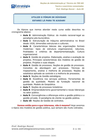 Noções de Administração p/ Técnico do TRE-GO 
Teoria e exercícios comentados 
Prof. Rodrigo Rennó – Aula 00 
UTILIZE O FÓRUM DE DÚVIDAS! 
ESTAREI LÁ PARA TE AJUDAR! 
Os tópicos que iremos abordar neste curso estão descritos no 
cronograma abaixo: 
 Aula 0: Administração Pública: do modelo racional-legal ao 
paradigma pós-burocrático. 
 Aula 1: Estruturação da máquina administrativa no Brasil 
desde 1930; dimensões estruturais e culturais. 
 Aula 2: Características básicas das organizações formais 
modernas: tipos de estrutura organizacional, natureza, 
finalidades e critérios de departamentalização. Cultura 
organizacional. 
 Aula 3: Gestão de projetos. Elaboração, analise e avaliação de 
projetos. Principais características dos modelos de gestão de 
projetos. Projetos e suas etapas. 
 Aula 4: Gestão de processos. Noções de gestão de processos. 
Conceitos da abordagem por processos. Técnicas de 
mapeamento, analise e melhoria de processos. Noções de 
estatística aplicada ao controle e a melhoria de processos. 
 Aula 5: Noções de Gestão estratégica. 
 Aula 6: Excelência nos serviços públicos. Ferramentas de 
gestão da qualidade. Modelo da fundação nacional da 
qualidade. Modelo de Gespública. 
 Aula 7: Noções de processos licitatórios 
 Aula 8: Empreendedorismo governamental e novas lideranças 
no setor público. 
00000000000 
 Aula 9: Convergências e diferenças entre a gestão pública e a 
gestão privada. O paradigma do cliente na gestão pública. 
 Aula 10: Noções de Gestão de contratos. 
Vamos então para o que interessa, não é mesmo? Hoje veremos 
o tópico dos modelos de gestão pública, que sempre são muito cobrados. 
Prof. Rodrigo Rennó 
www.estrategiaconcursos.com.br 3 de 55 
00000000000 - DEMO 
 