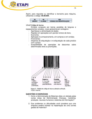 36
Assim, para requisitar ou identificar a borracha para máquina,
utilizamos o código: 05.00.004.
05 00 004
GRUPO CLASSE CÓDIGO DE IDENTIFICAÇÃO
1.9.4.5 Código de barras
Símbolo composto por barras paralelas de larguras e
espaçamentos variados, e que apresenta por vantagens:
- Aperfeiçoar a alimentação de dados;
- Rapidez em operações com grande número de itens;
- Economia;
- Aplicação no armazenamento, em compras e em vendas;
- Financeiras;
- Dispensa de etiquetação e re-etiquetação de cada produto
com o preço;
- Exeqüibilidade de operações de descontos sobre
determinados itens ou promoções.
Figura 5 - Modelo de código de barras adotado no Brasil.
Fonte: Internet.
QUESTÕES E EXERCÍCIOS
1. Como a Administração de Materiais afeta e é afetada pelas
outras áreas da Administração (finanças, marketing,
produção, recursos humanos e sistemas de informação)?
2. Que problemas ou dificuldades você considera que uma
empresa poderá enfretar na implantação de uma correta
gestão de materiais?
 