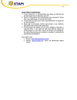 79
QUESTÕES E EXERCÍCIOS:
1. O que diferencia um almoxarifado que segue as técnicas de
armazenagem de um depósito comum?
2. Qual é a importância da verticalização dos armazéns? Quais
são suas implicações em termos de custos?
3. O que pode ser feito para maior aproveitamento do layout de
um almoxarifado?
4. Quais são os principais motivos que limitam o uso intensivo
dos pallets pela maioria das empresas?
5. Forme grupos de debate com os seus colegas e discutam o
seguinte tema: o que pode ser feito para eliminar etapas da
armazenagem e, com isso, reduzir os tempos de estocagem,
os custos operacionais do armazém e acelerar o processo de
atendimento de pedidos?
Para saber mais:
• Acesse: www.aguiasistemas.com.br.
• Assista: www.youtube.com :centro de distribuição pague
menos.
 