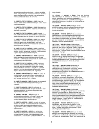 2
apresentados, podemos dizer que o método da média
móvel com ponderação exponencial soluciona algumas
desvantagens de outros métodos, mas necessita de
maior quantidade de dados de consumo.
18. (CESPE – TRT 16ª REGIÃO – 2005) O giro de
estoque refere-se à quantidade ideal cujos custos são os
menores possíveis.
19. (CESPE – TRT 16ª REGIÃO – 2005) Matéria-prima
é toda quantidade de produtos estocados em cada uma
das fases produtivas.
20. (CESPE – TRT 16ª REGIÃO – 2005) Estoque é
toda porção armazenada de mercadoria, ou seja, aquilo
que é reservado para ser utilizado em tempo oportuno.
21. (CESPE – TRT 16ª REGIÃO – 2005) Com relação
aos custos, o controle de estoque deve focar-se nos
custos de pedido e de armazenagem, pois duas
variáveis influenciam no aumento do custo: o custo de
pedido e o custo de capital.
22. (CESPE – TRT 16ª REGIÃO – 2005) O depósito
pode ser conceituado como o setor que tem por missão
receber, conferir, armazenar, conservar e distribuir tudo
o que é adquirido pelo setor de compras.
23. (CESPE – TRT 16ª REGIÃO – 2005) Suprimento
refere-se ao amplo conjunto de procedimentos que
envolvem a solicitação de fornecimento de determinados
produtos por uma organização.
24. (CESPE – TRT 16ª REGIÃO – 2005) O estoque
mínimo é uma quantidade de estoque que, em nível
ideal, não deve ser consumido. No entanto, causas
como oscilação no consumo e variação na qualidade
quando o controle de qualidade rejeita um lote podem
impor a utilização desse estoque de segurança.
25. (CESPE – TRT 16ª REGIÃO – 2005) Os custos de
movimentação de materiais influem sobremaneira no
custo final do produto e(ou) serviço, mas contribuem
para agregar benefícios para o cliente.
26. (CESPE – ANVISA – 2007) A gestão de estoques é
uma atividade característica da administração de
materiais.
27. (CESPE – ANVISA – 2007) A realização de
inventário físico é a atividade em que se calcula o valor
dos bens existentes no registro, descontado-se a
depreciação acumulada.
28. (CESPE – ANCINE – 2006) É função da
administração de estoques minimizar o capital total
investido em estoques, sem que com isso seja
comprometida a cadeia de suprimentos.
29. (CESPE – ANCINE – 2006) O conceito de estoque
máximo diz respeito ao número máximo de unidades de
um determinado item de estoque e é definido da
seguinte forma: estoque máximo = estoque mínimo +
lote de compra.
30. (CESPE – ANCINE – 2006) Entre as técnicas
matemáticas de previsão de consumo, a conhecida
como predileção, em que empregados experientes
estabelecem a evolução dos quantitativos futuros, é a
mais utilizada.
31. (CESPE – ANCINE – 2006) Entre as técnicas
nãomatemáticas de previsão de consumo, a projeção que
admite que o futuro será repetição do passado e a
explicação que relaciona os quantitativos com alguma
variável cuja evolução é conhecida ou previsível são as
mais utilizadas.
32. (CESPE – ANCINE – 2006) A adoção do lote
econômico objetiva alcançar custos mínimos admitindo
que os recursos financeiros são ilimitados, o que não
ocorre na realidade.
33. (CESPE – ANCINE – 2006) Tendo em vista os
parâmetros que são considerados na determinação do
lote econômico de compra, não existem situações
práticas em que a quantidade de material determinada
por esse lote seja de um tamanho que cause problema
de espaço físico de armazenamento.
34. (CESPE – ANCINE – 2006) Em economias
inflacionárias, existem variações de preços bastante
periódicas; isso significa recalcular todos os lotes, para
todos os itens, sempre que houver uma variação de
preço, porque a fórmula do lote econômico baseia-se na
estabilidade de preço.
35. (CESPE – ANCINE – 2006) Em relação ao
consumo, não há restrição quanto a sua variabilidade,
uma vez que a fórmula do lote econômico é dinâmica em
relação a essa variável. Logo, não existe o pressuposto
de estabilidade do consumo dentro do período
calculado.
36. (CESPE – ANCINE – 2006) Atualmente, o
responsável pelas compras deve buscar, nas
negociações com fornecedores tradicionais, obter o
máximo de vantagens para sua organização,
estabelecendo uma disputa na qual ele saia vencedor e
a outra parte, perdedora.
37. (CESPE – ANCINE – 2006) Com relação ao
processo de compras no setor público, são atitudes
éticas priorizar os interesses da organização, atuar de
forma transparente nas negociações com fornecedores,
denunciar manifestações ou tentativas de suborno e
fatos ilícitos internos relacionados a compras, ter
critérios claros e transparentes no recebimento de
presentes de fornecedores.
38. (CESPE – ANCINE – 2006) Em grandes
organizações, um aspecto importante a ser considerado
se refere à centralização ou descentralização das
compras. A centralização apresenta como vantagens a
oportunidade de serem negociadas grandes quantidades
de materiais por menores preços, a homogeneização
desses materiais, o menor tempo na sua aquisição e
melhor controle dos estoques.
39. (CESPE – ANCINE – 2006) Planejamento
inadequado, falta de controle no consumo e má
administração dos estoques são fatores que podem
levar a unidade responsável por compras a tomar
atitudes prejudiciais à empresa.
40. (CESPE – ANCINE – 2006) Estoques em níveis
elevados são potencialmente geradores de impactos
negativos nos resultados da organização em decorrência
dos custos de armazenagem. Assim, uma das formas de
 
