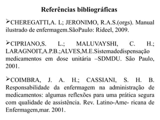 Referências bibliográficas
CHEREGATTI,A. L; JERONIMO, R.A.S.(orgs). Manual
ilustrado de enfermagem.SãoPaulo: Rideel, 2009.
CIPRIANO,S. L.; MALUVAYSHI, C. H.;
LARAGNOIT,A.P.B.;ALVES,M.E.Sistemadedispensação
medicamentos em dose unitária –SDMDU. São Paulo,
2001.
COIMBRA, J. A. H.; CASSIANI, S. H. B.
Responsabilidade da enfermagem na administração de
medicamentos: algumas reflexões para uma prática segura
com qualidade de assistência. Rev. Latino-Ame- ricana de
Enfermagem,mar. 2001.
 