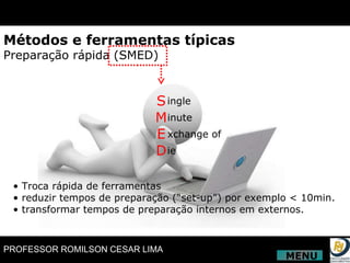 Métodos e ferramentas típicas Preparação rápida (SMED) S M E D ingle inute xchange of ie •  Troca rápida de ferramentas •  reduzir tempos de preparação (“set-up”) por exemplo < 10min. •  transformar tempos de preparação internos em externos. MENU 