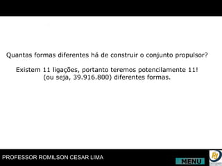 Quantas formas diferentes há de construir o conjunto propulsor? Existem 11 ligações, portanto teremos potencilamente 11! (ou seja, 39.916.800) diferentes formas. MENU 