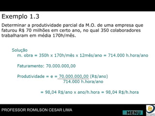 Exemplo 1.3 Determinar a produtividade parcial da M.O. de uma empresa que faturou R$ 70 milhões em certo ano, no qual 350 colaboradores trabalharam em média 170h/mês. MENU 