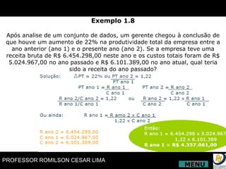Exemplo 1.8 Após analise de um conjunto de dados, um gerente chegou à conclusão de que houve um aumento de 22% na produtividade total da empresa entre a ano anterior (ano 1) e o presente ano (ano 2). Se a empresa teve uma receita bruta de R$ 6.454.298,00 neste ano e os custos totais foram de R$ 5.024.967,00 no ano passado e R$ 6.101.389,00 no ano atual, qual teria sido a receita do ano passado? MENU 