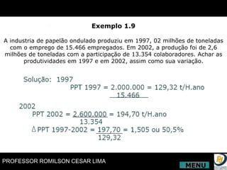 Exemplo 1.9 A industria de papelão ondulado produziu em 1997, 02 milhões de toneladas com o emprego de 15.466 empregados. Em 2002, a produção foi de 2,6 milhões de toneladas com a participação de 13.354 colaboradores. Achar as produtividades em 1997 e em 2002, assim como sua variação. MENU 