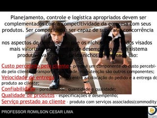 Custo percebido pelo cliente  – preço é um componente do custo percebi- do pelo cliente. Transporte, qualidade, manutenção são outros componentes; Velocidade de entrega  – tempo entre a colocação do pedido e a entrega do produto ao cliente; Confiabilidade  – pontualidade, quantidade e qualidade; Qualidade de produtos  – especificações e desempenho; Serviço prestado ao cliente  – produto com serviços associados(commodity) Planejamento, controle e logística apropriados devem ser complementados com a competitividade da empresa com seus  produtos. Ser competitivo é ser capaz de superar a concorrência  nos aspectos de desempenho que os nichos de mercados visados  mais valorizam Os aspectos de desempenho de um sistema produtivo valorizados pelos nichos de mercado são:  
