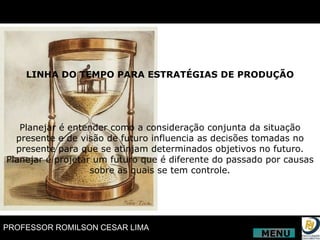 LINHA DO TEMPO PARA ESTRATÉGIAS DE PRODUÇÃO Planejar é entender como a consideração conjunta da situação presente e de visão de futuro influencia as decisões tomadas no presente para que se atinjam determinados objetivos no futuro. Planejar é projetar um futuro que é diferente do passado por causas sobre as quais se tem controle. MENU 